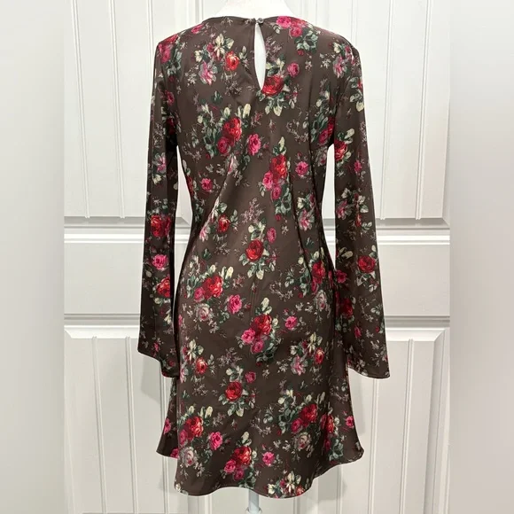 GAP Womens Satin Floral Long Sleeve Dress - Brown with Pink & Red Roses Size S - Picture 2 of 10